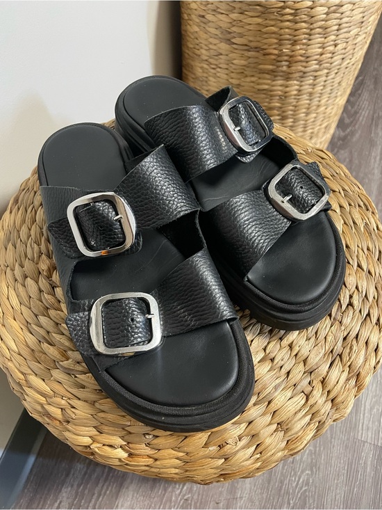 Riccio Shoes - REAL Black Double-Buckle Leather Slide Sandals